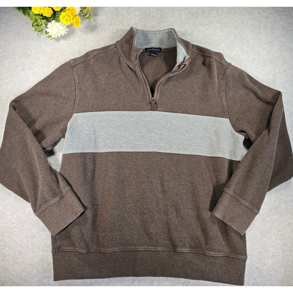 Lands End‎ Mens Brown Grey Striped Quarter Zip Pullover Sweater Large 42-44